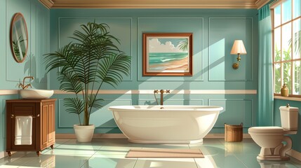 Interior Design: A vector illustration of a luxury bathroom with a bathtub, shower, and elegant fixtures - obrazy, fototapety, plakaty