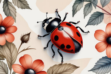 Summer or spring cutest card or poster with hand drawn ladybug on a wildflowers. - obrazy, fototapety, plakaty