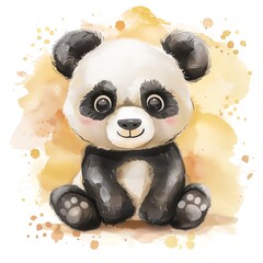 A cute watercolor illustration of a baby panda sitting down with a yellow watercolor background. - obrazy, fototapety, plakaty
