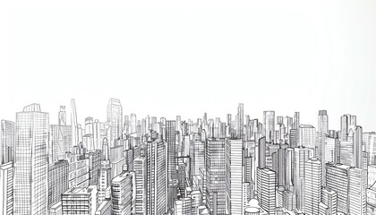 A black and white drawing of a cityscape with many tall buildings.