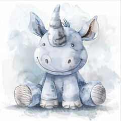 A watercolor illustration of a cute blue rhinoceros with a silver horn. - obrazy, fototapety, plakaty