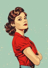 Retro Style Illustration of Confident Woman in Red Shirt with Classic Hairdo - obrazy, fototapety, plakaty