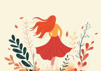 Elegant Female Silhouette with Flowing Hair and Red Skirt in Autumnal Scene Illustration - obrazy, fototapety, plakaty