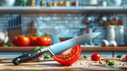 Kitchen and Cooking: A 3D vector illustration of a chef's knife slicing through a ripe tomato - obrazy, fototapety, plakaty