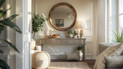 Interior Design: A welcoming entryway with a stylish console table, decorative mirror - obrazy, fototapety, plakaty