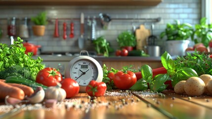 Kitchen and Cooking: A 3D vector illustration of a kitchen timer ticking on a countertop, with vegetables and herbs - obrazy, fototapety, plakaty