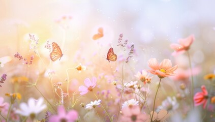 A watercolor painting of butterflies and wildflowers - obrazy, fototapety, plakaty