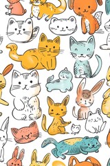 A seamless pattern of cute and colorful cats and rabbits with a white background. The pattern is suitable for children's products and home decor.