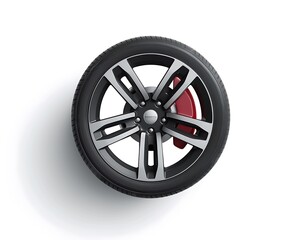  3D render of an aluminum wheel with black rims and white tires on a blank background