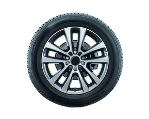  All season tire with dark grey and silver rims on a white background 
