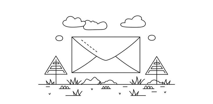 recommend clip art: A simple line drawing of an envelope with the letter A inside, surrounded by trees and clouds, representing text messages being shared across digital platforms.