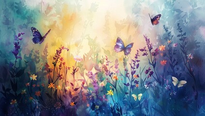 A watercolor painting of butterflies and wildflowers