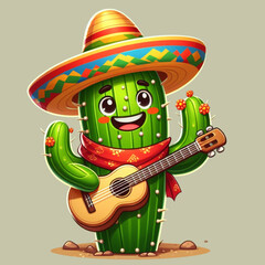 Free Vector Cinco De Mayo Cactus holds a tiny guitar Cute Cartoon Illustration Isolated White Background, generative Ai
