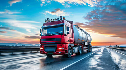 A red semi truck, carrying petroleum products, navigates down a highway with purpose and determination