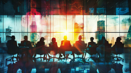 A diverse group of professionals engage in a lively discussion during a management meeting at the office table