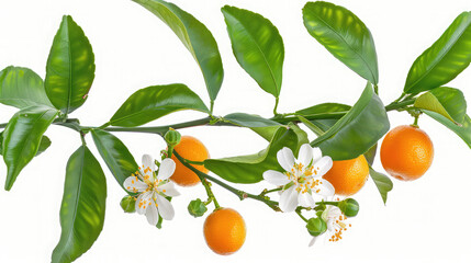 Kumquat isolated, Set of orange ripe cumquat fruit on branch with green leaves on white background ,Watercolor botanical tangerine tree branch with  fruits and flower