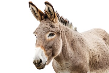 Peaceful scene of a donkey calmly standing against a clean white backdrop.