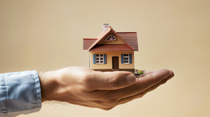 A person, resembling a real estate agent, holds a small model house in their hand, portraying concepts of mortgage, rent, and sale in the real estate industry