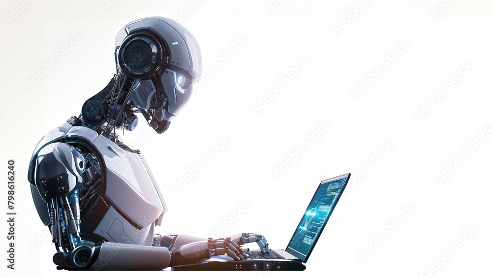 Poster a futuristic robot sitting atop a laptop computer, showcasing the integration of artificial intellig