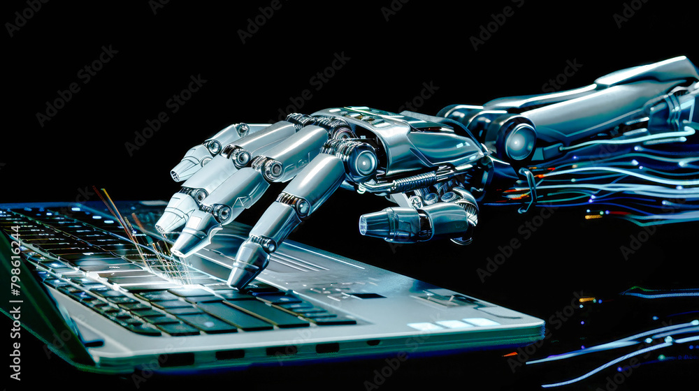 Poster a robotic hand, like that of a cyborg, is seen typing on a laptop keyboard with precision and accura