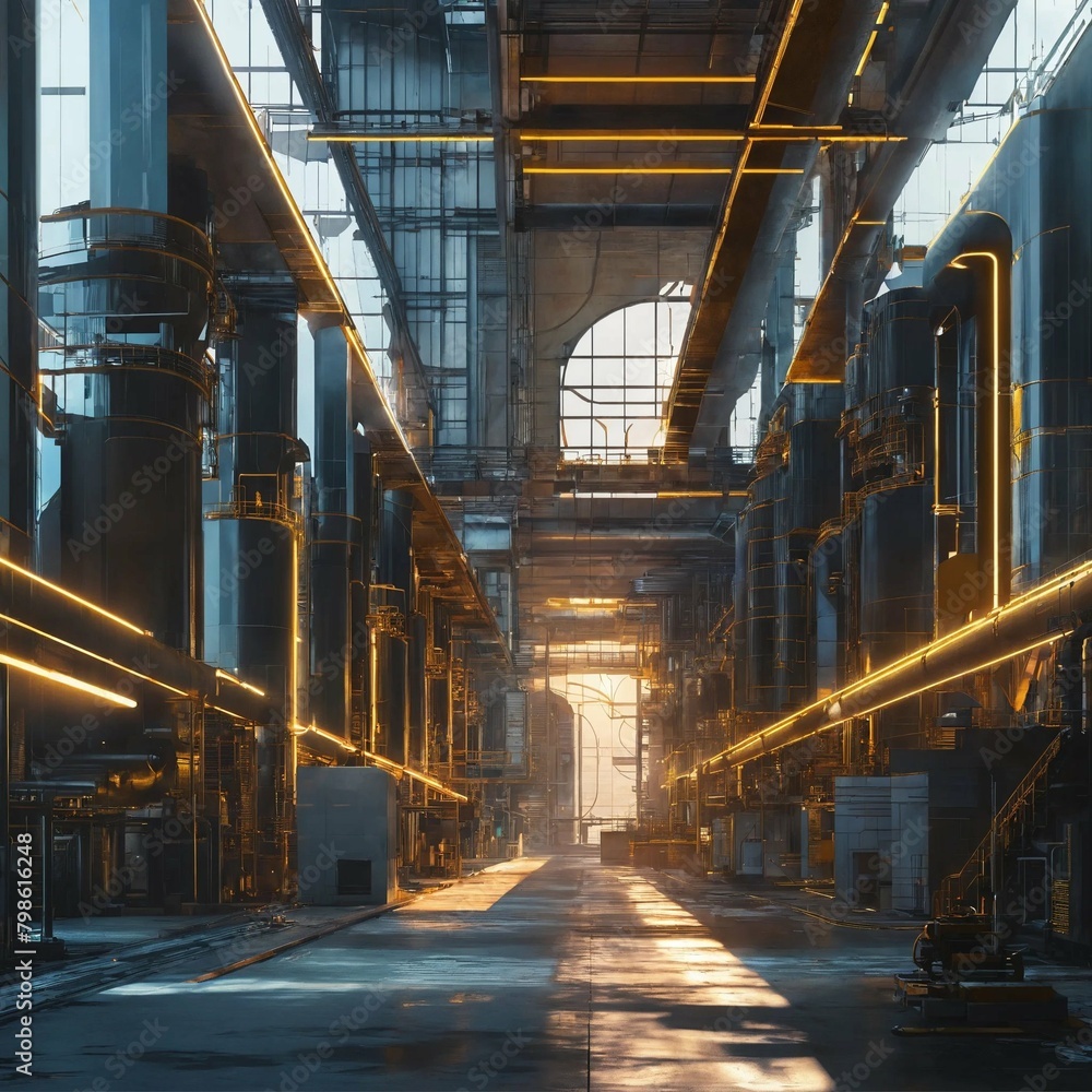 Aufkleber a futuristic manufacturing factory at day and night with focus on the architecture, depicted in a ba