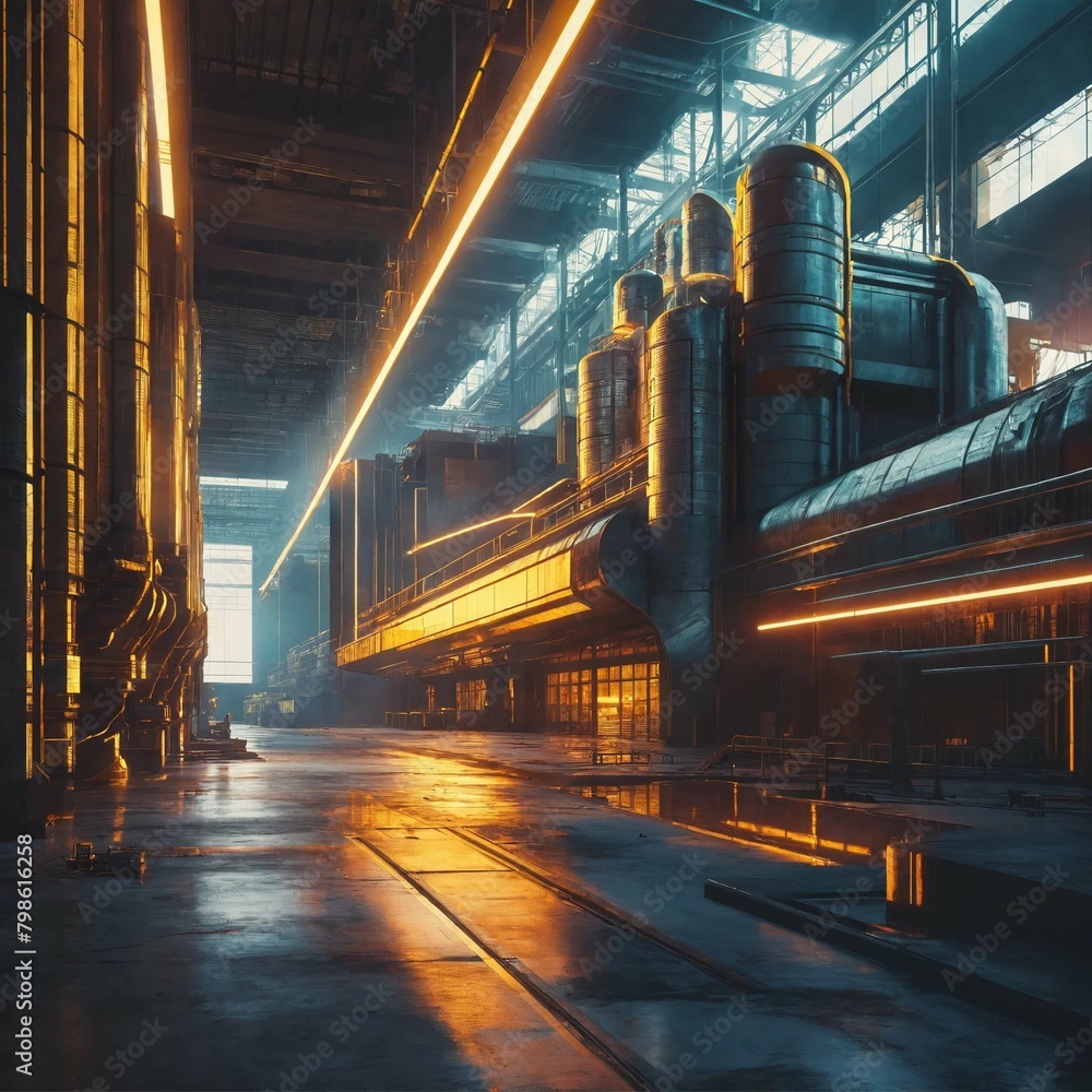 Poster a futuristic manufacturing factory at day and night with focus on the architecture, depicted in a ba