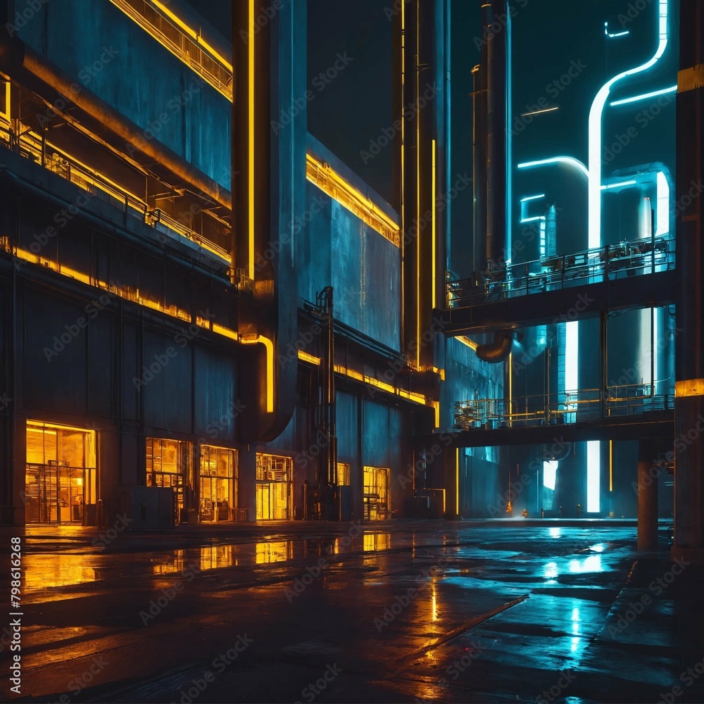 Poster a futuristic manufacturing factory at day and night with focus on the architecture, depicted in a ba