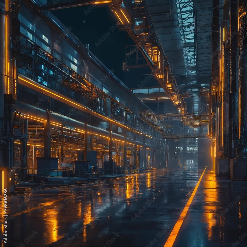 Poster a futuristic manufacturing factory at day and night with focus on the architecture, depicted in a ba