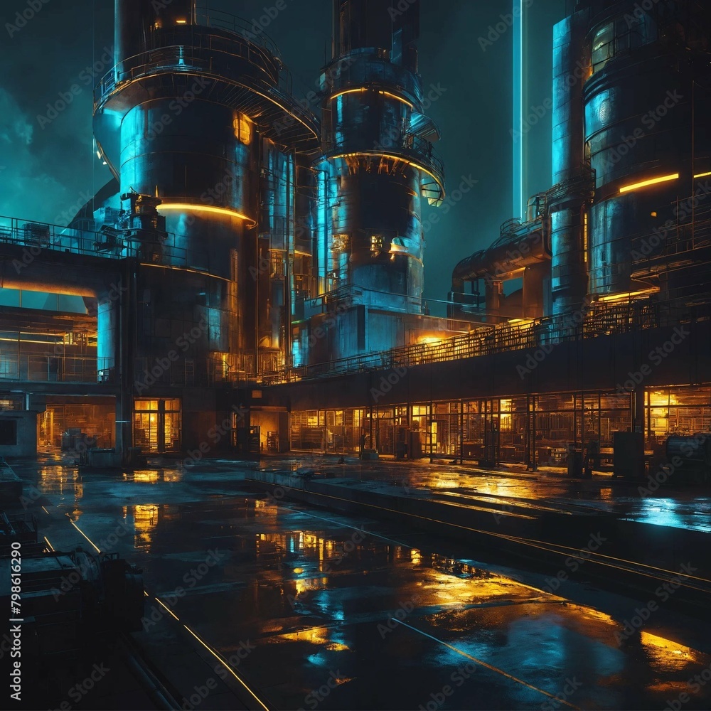 Poster a futuristic manufacturing factory at day and night with focus on the architecture, depicted in a ba