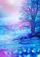 Enchanted Forest Scene with Sparkling Magical River and Pink Sunset