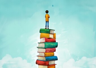 Young Boy Standing on Tower of Colorful Books Under Blue Sky