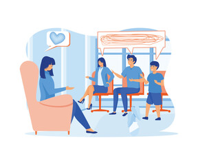 Psychotherapy. Family psychologist speaking with couple , family psychiatry concept. Treatment of kid stress, addictions and mental problems. flat vector modern illustration