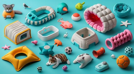 Pet Care Products: A 3D vector illustration of various pet products like toys, beds, and bowls