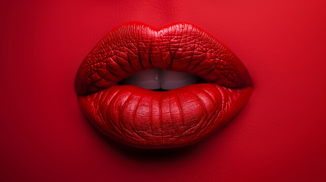 A close-up of red lipstick on a pair of luscious lips against a red background