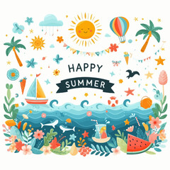 summer holiday beach elements. Hello summer lettering. Cartoon vector illustration.