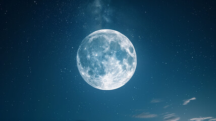 A photorealistic image of a full moon shining brightly in a clear blue night sky