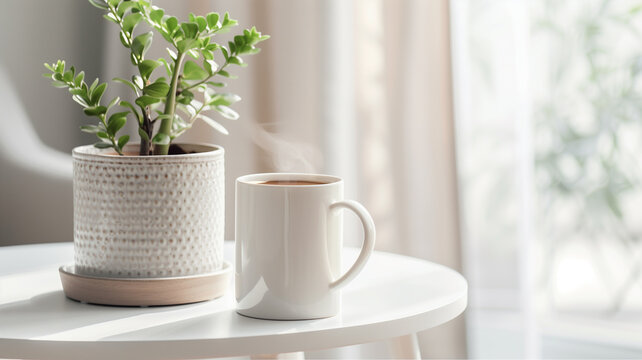A modern coffee mug filled with a steaming beverage on a white table with a plant pot beside it