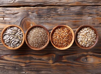 A photo of four bowls filled with different types of grain on an old white wooden table, showcasing...