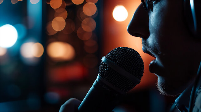 A radio journalist interviewing a person live on air, microphone in hand