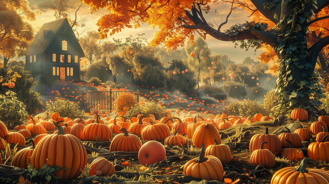 A pumpkin patch overflowing with pumpkins in various sizes and shades of orange