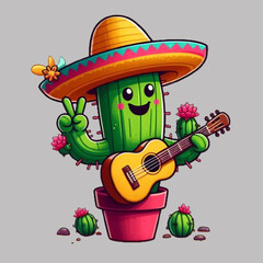 Free Vector Cinco De Mayo Cactus holds a tiny guitar Cute Cartoon Illustration Isolated White Background, generative Ai