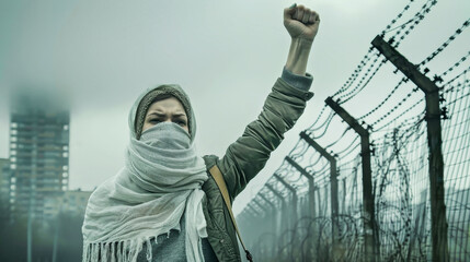 A woman in a hijab defiantly holds a sharp barbwire fence, symbolizing resistance and strength in the face of adversity