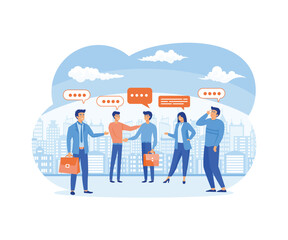 Business team coworker discussing work in meeting with speech bubbles. Discussion, conversation, meeting, team communication, colleague chatting, opinion. flat vector modern illustration