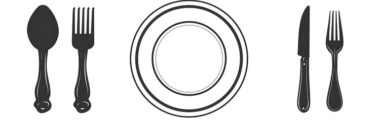 Black and white vector illustration of cutlery, plate and knife isolated on white background