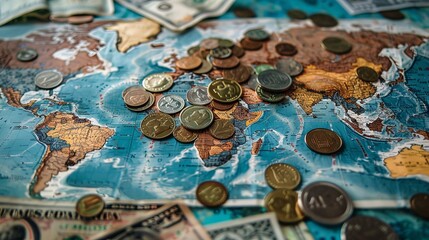Coins and currency notes of different countries spread out on a map - 798617264