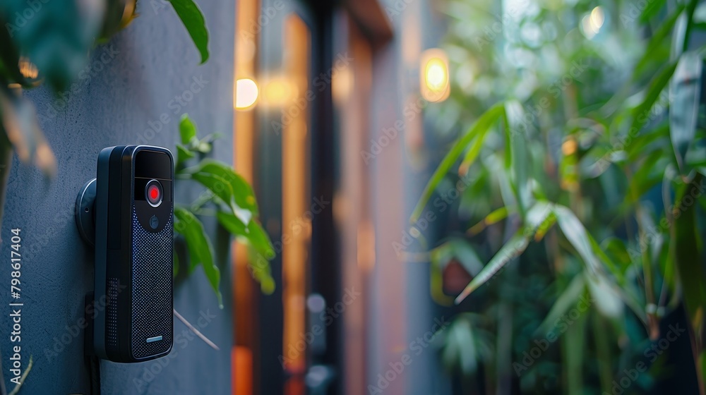Poster smart home technology: a photo of a smart doorbell with a built-in camera and motion sensor