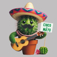 Free Vector Cinco De Mayo Cactus holds a tiny guitar Cute Cartoon Illustration Isolated White Background, generative Ai