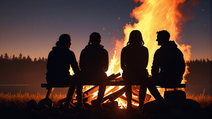 People sitting around a campfire at night. Generative AI.

