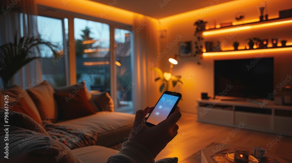 Poster smart home technology: an image of a person using a smartphone app to control the lights in their li