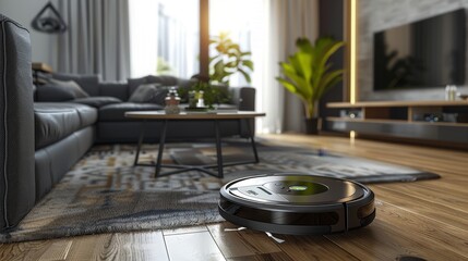 Smart Home Technology: An image of a robotic vacuum cleaner autonomously cleaning a living room floor